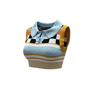 Cider Collared Knit Sweater Crop Top in Light Blue, Mustard & Black
